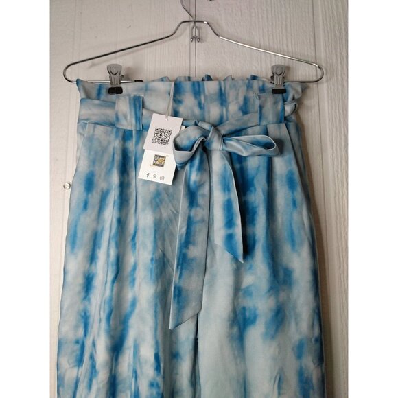 Grace Karin Womens Sz S Tie Dye Blue Paper Bag High Waist Cropped Pants Belt NWT - Picture 2 of 6